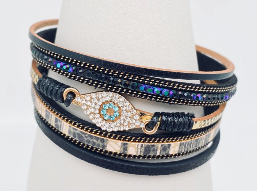 Evil Eye Charm Multi-Layer Pu Leather Bangle Bracelet