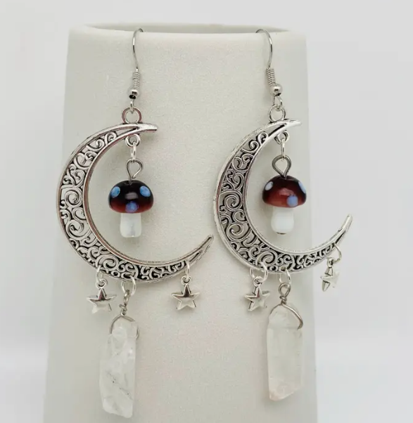 Hollow Moon Mushroom White Crystal Pendant Earrings