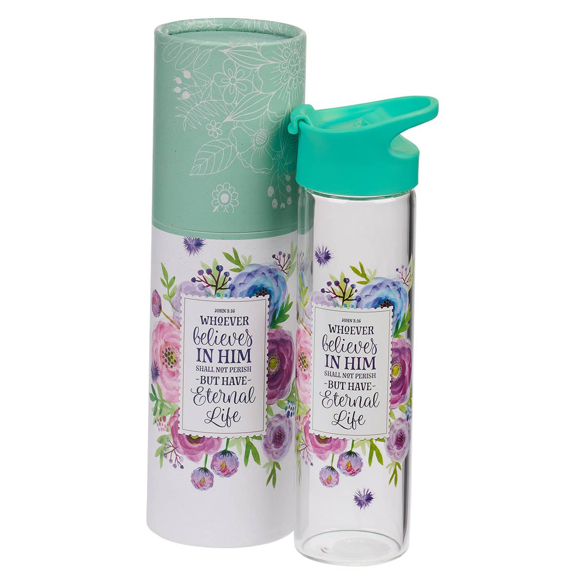 Turquoise Whoever Believes in Him Glass Water Bottle - John