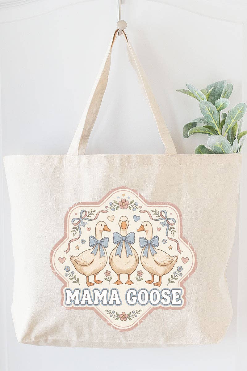 Blue Bow Mama Goose Canvas Jumbo Tote