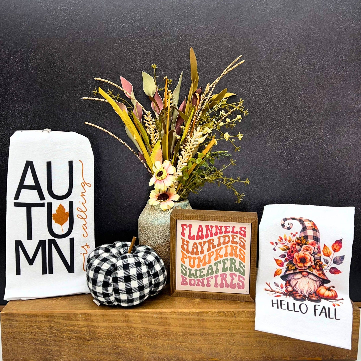 Hello Fall Gnome With Flowers Fall Décor Fall Tea Towels