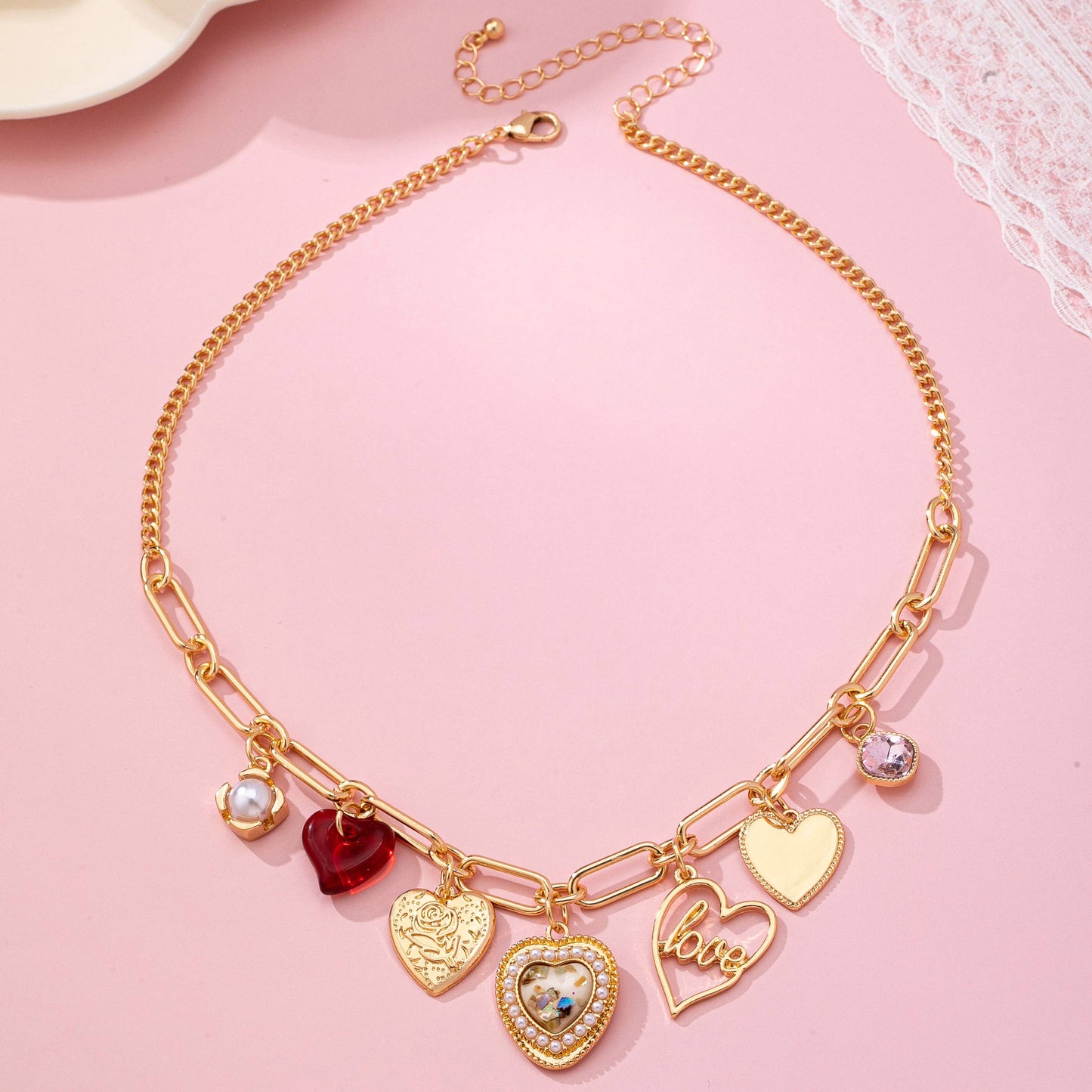 CHARM NECKLACE-PORCELAIN HEART RHINESTONE PEARL