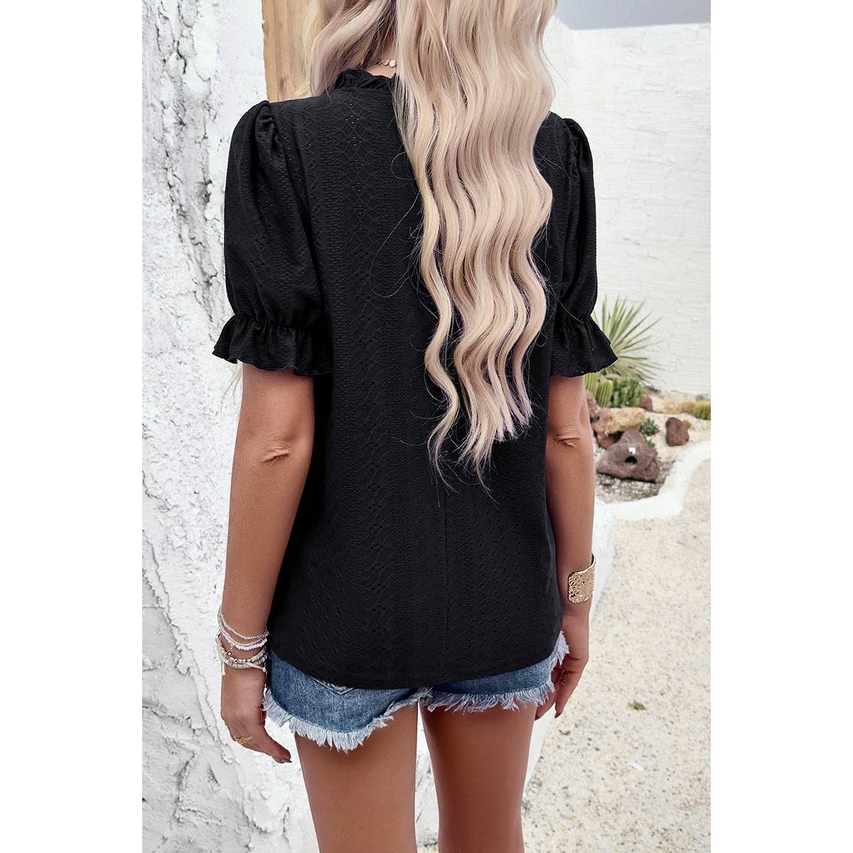 Round Neck Embroidery Ruffle Sleeve Loose Fit Shirts