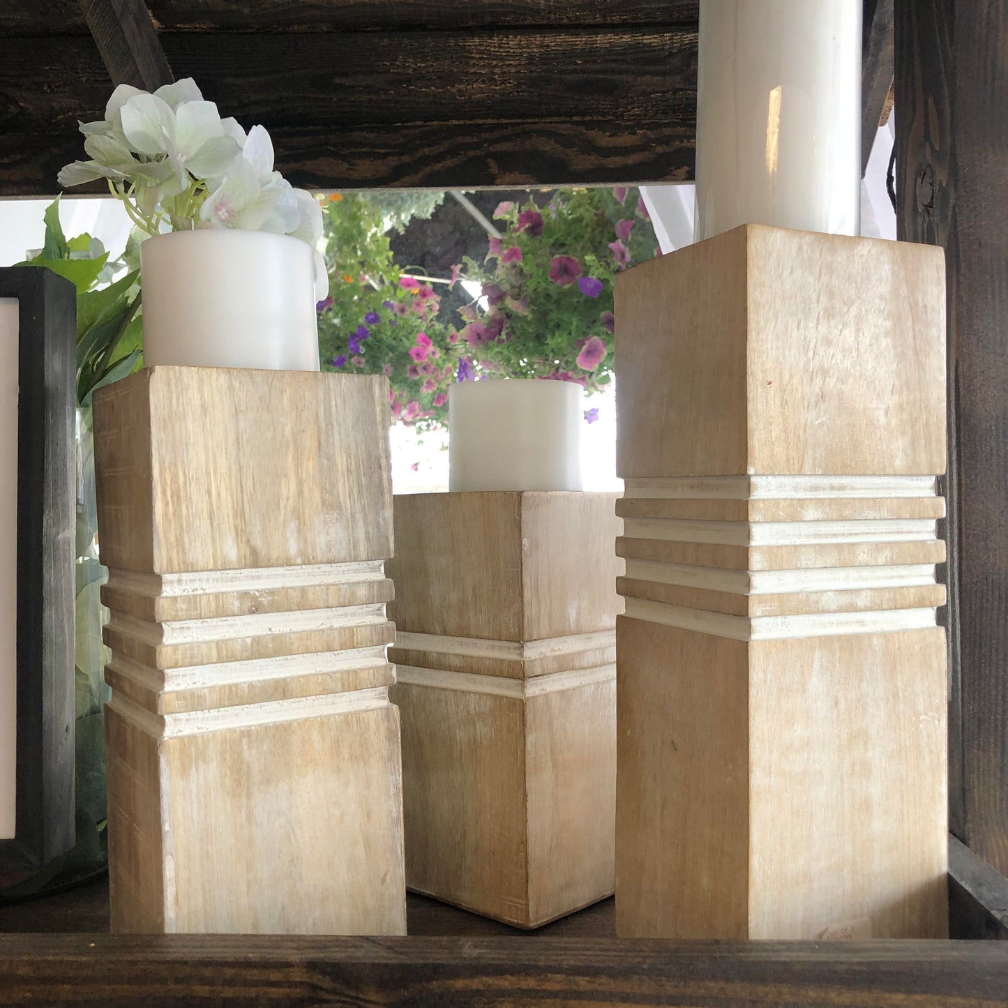 Set of 3 Mango Wood Cubic Pillar Candle Holders