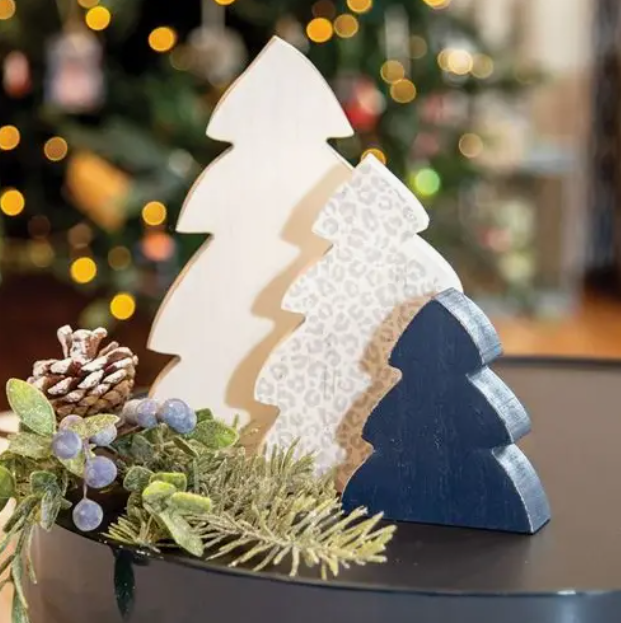 3/Set, Blue, White, & Leopard Print Chunky Christmas Trees