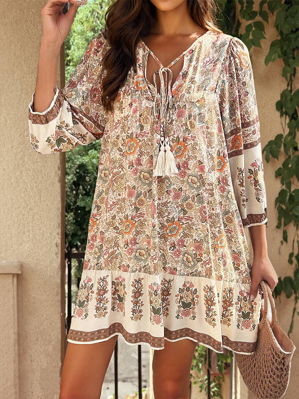 1 the Woman - Floral Print Tassel Drawstring V Neck Loose Mini Dress