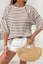 Apricot Stripe Textured Knit Split Hem Half Sleeve Loose Top