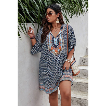 Plus Size V Neck Printed Loose Fit Midi Dress