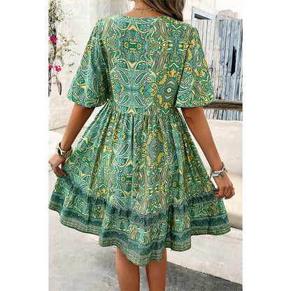 Allover Print Lace Trim Loose A Line Dress