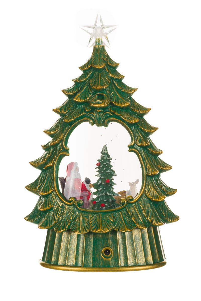 Green Led Star Topped Tree Snow Globe W/ Cozy Santa & Co