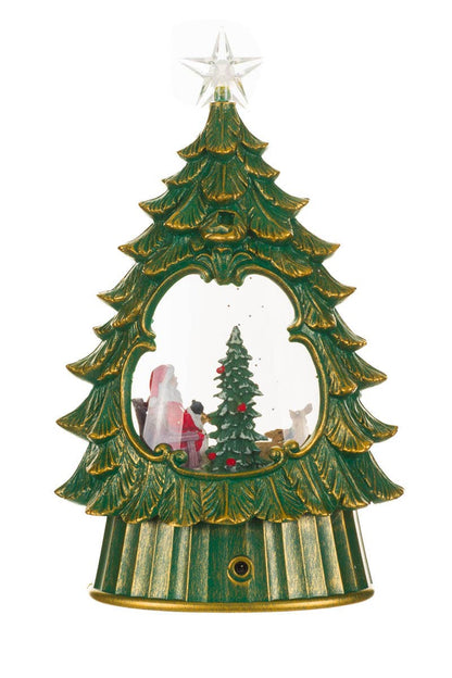 Green Led Star Topped Tree Snow Globe W/ Cozy Santa & Co