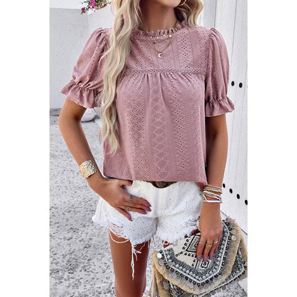 Round Neck Embroidery Ruffle Sleeve Loose Fit Shirts