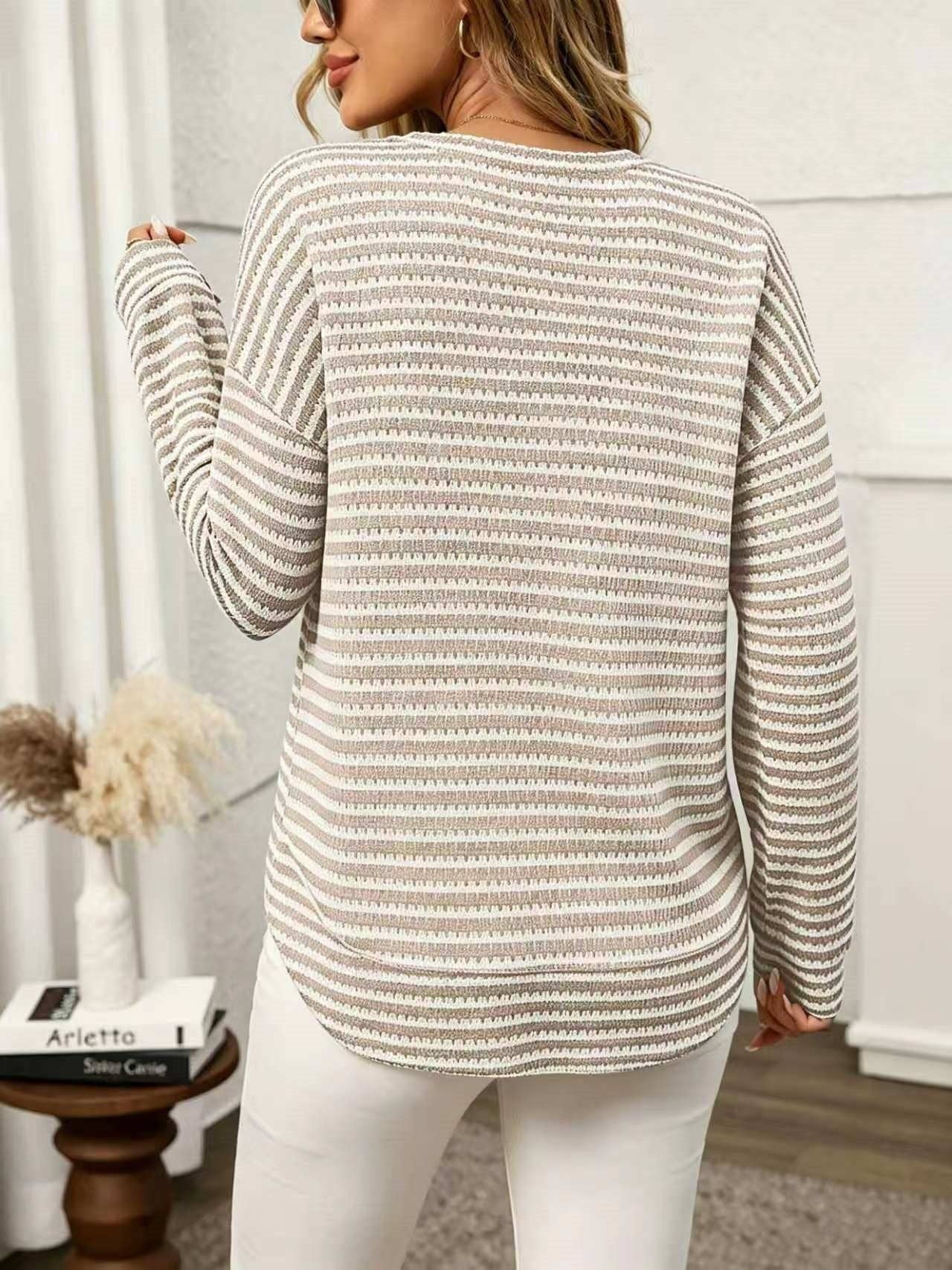 Waffle Knit Striped Long Sleeve Top Relaxed Fit Casual Style