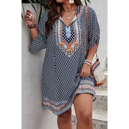Plus Size V Neck Printed Loose Fit Midi Dress