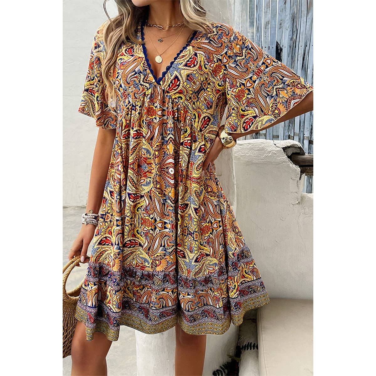 Allover Print Lace Trim Loose A Line Dress