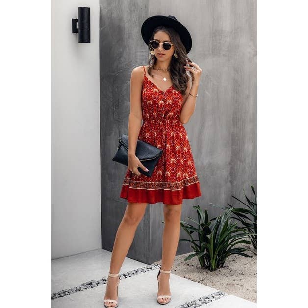Floral V Neck Spaghetti Strap Button Down Ruffle Mini Dress