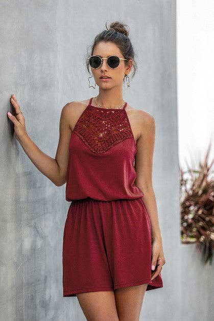 Solid Halter Lace Sleeveless Patchwork Romper