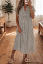 Black Stripe Frilled Detail Half Buttons Short Sleeve Long Dress