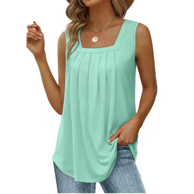 Pleated Square Neck Sleeveless High Low Casual Tank Top
