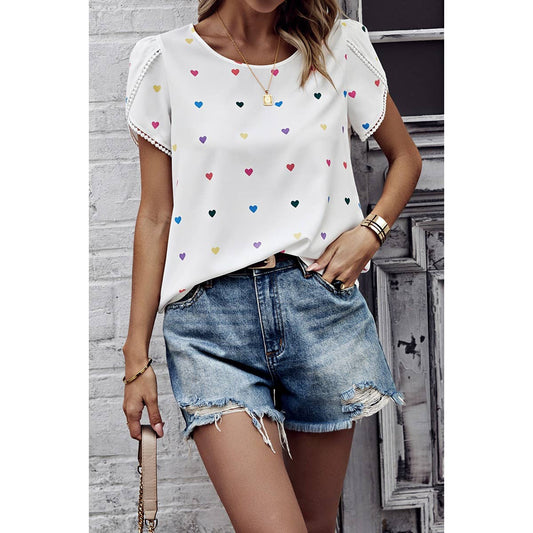 Heart Print Round Neck Loose Fit Shirt
