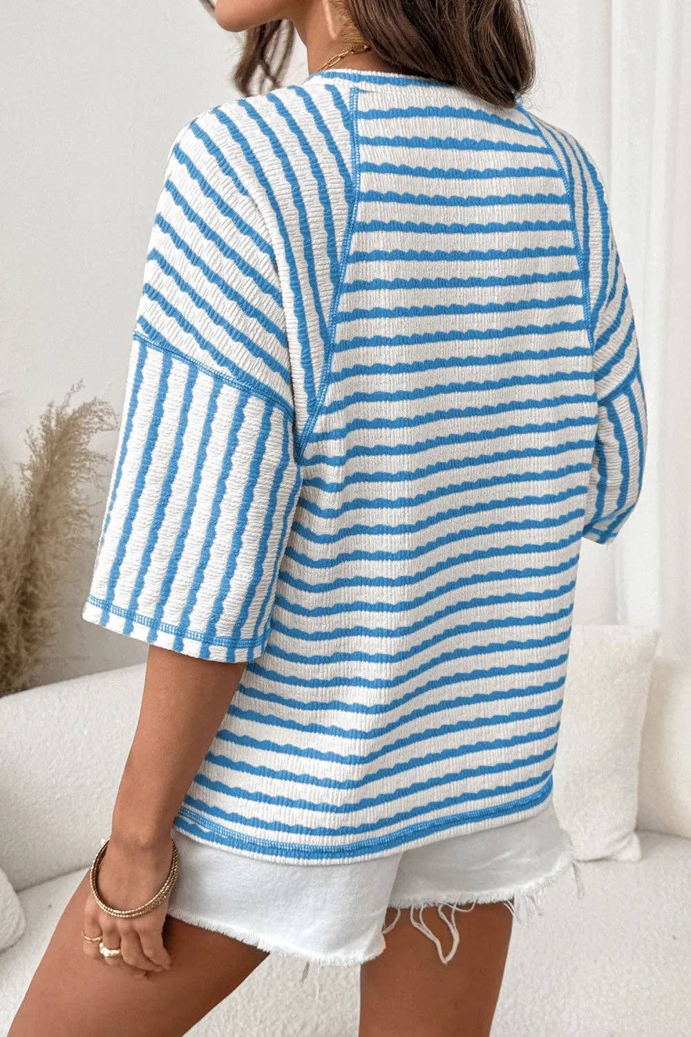 Striped Textured Tee Oversized Casual Boutique Top