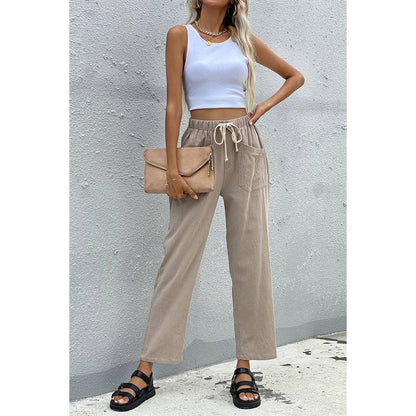 Solid Pockets Belt Wide Leg Pants