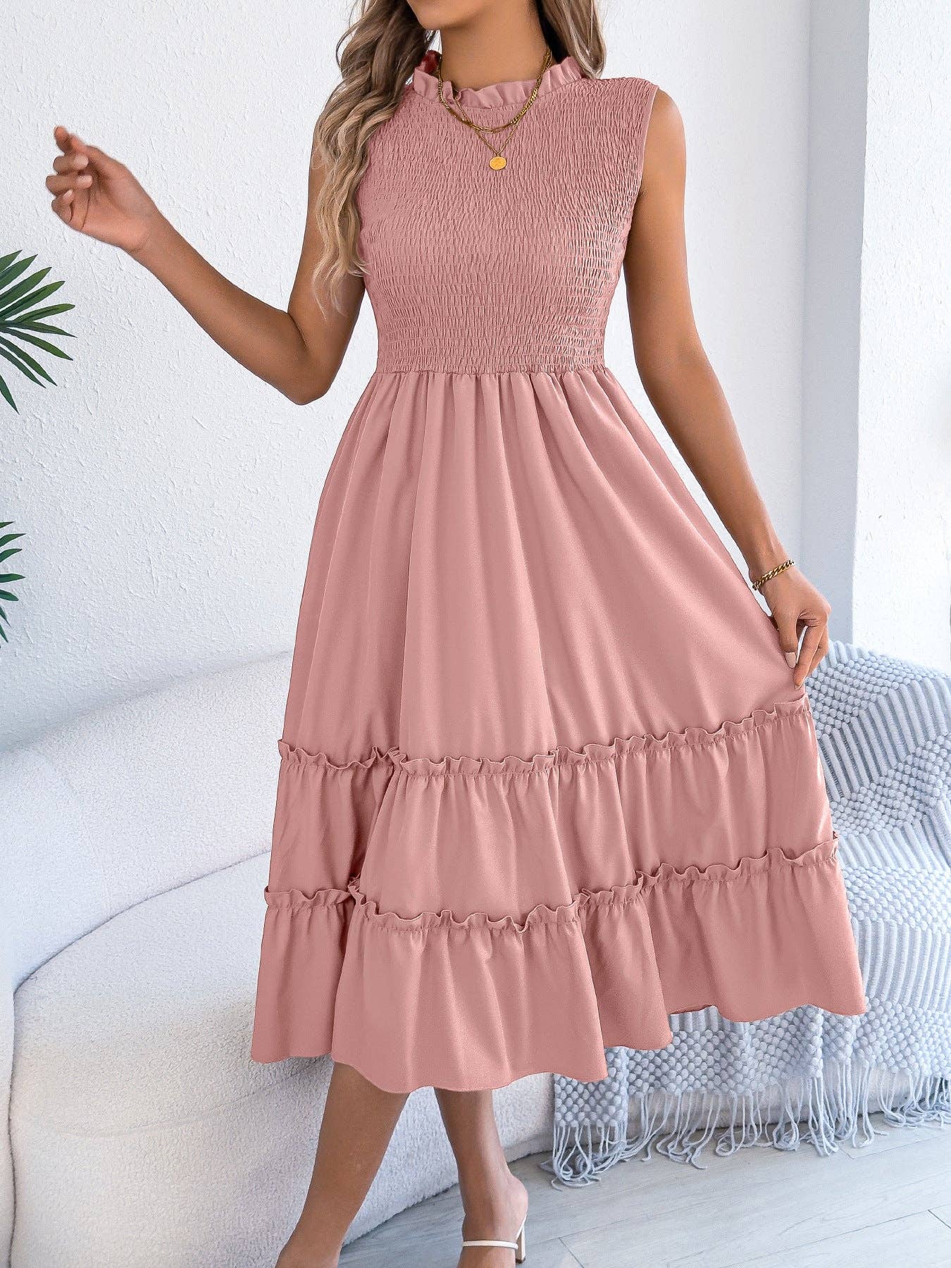 Light Pink Smocked Sleeveless Ruffle Tiered Maxi Dress