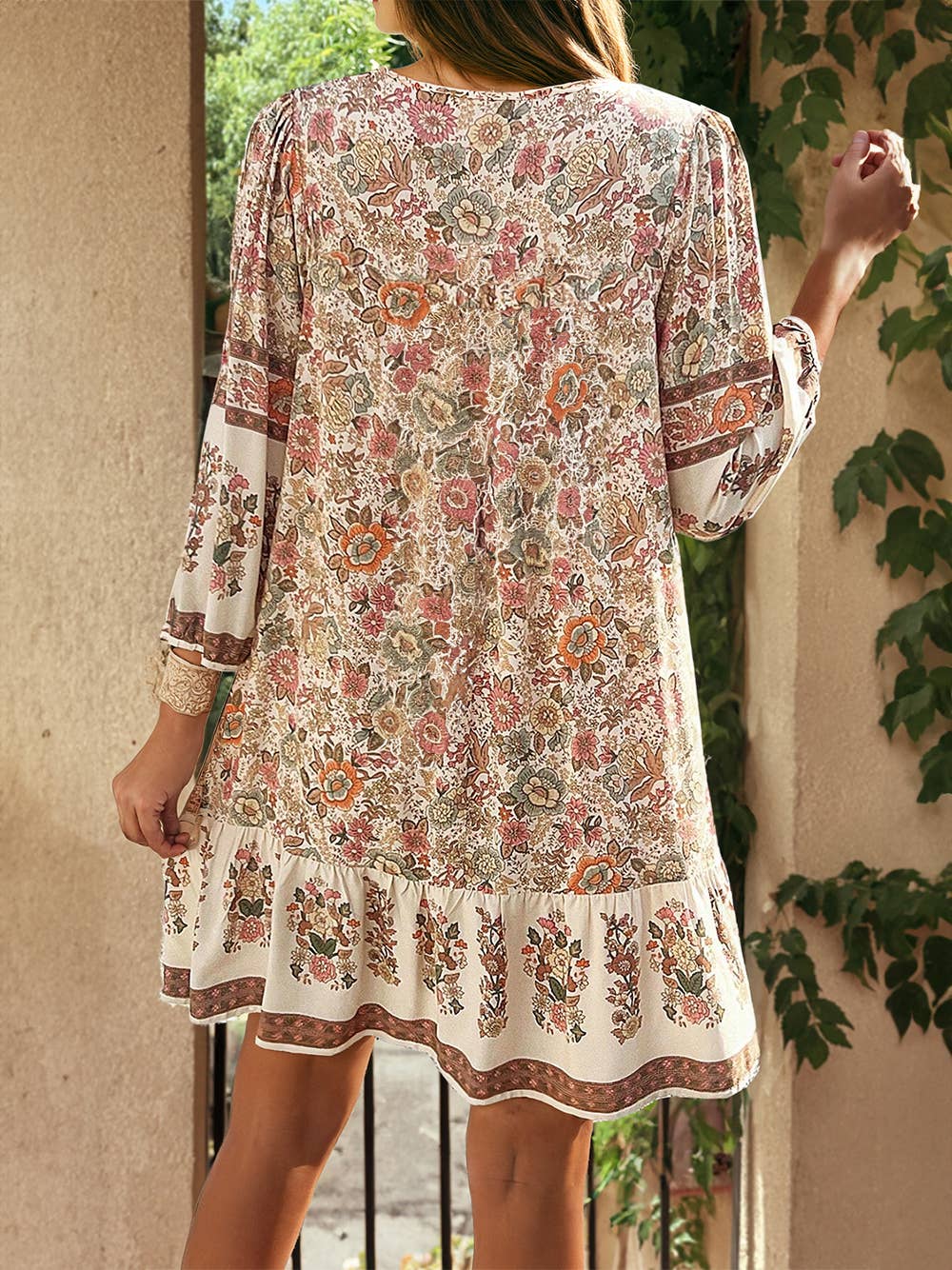 1 the Woman - Floral Print Tassel Drawstring V Neck Loose Mini Dress