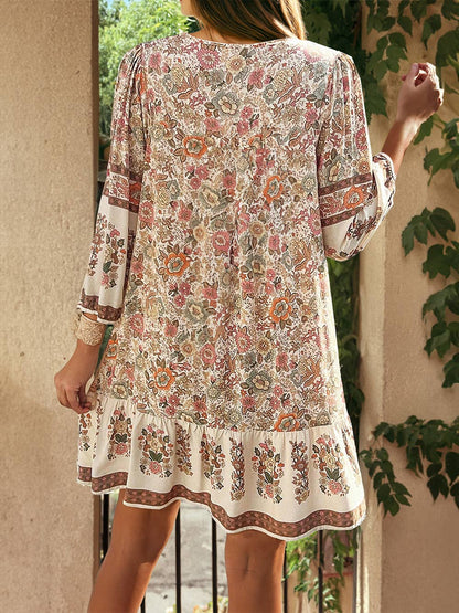 1 the Woman - Floral Print Tassel Drawstring V Neck Loose Mini Dress