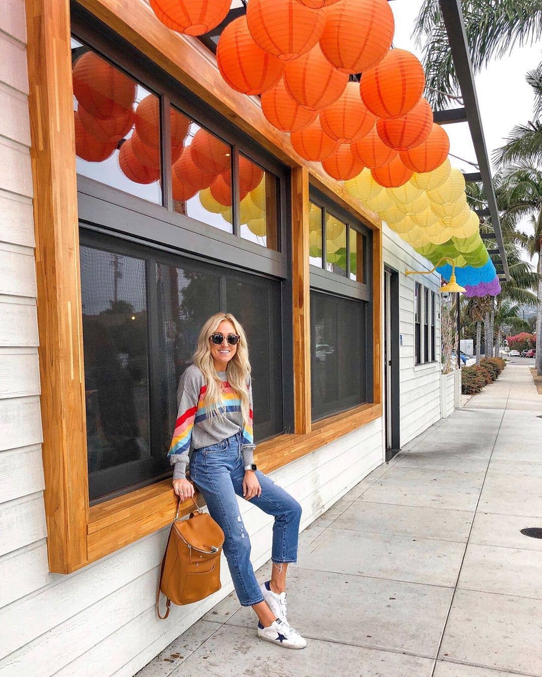 Women’s Rainbow Stripe Crewneck Pullover Casual Long Sleeve Top