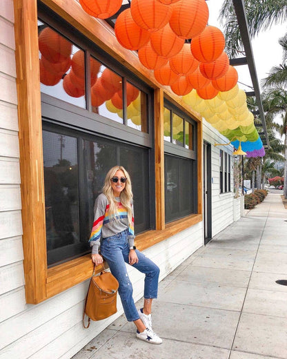 Women’s Rainbow Stripe Crewneck Pullover Casual Long Sleeve Top