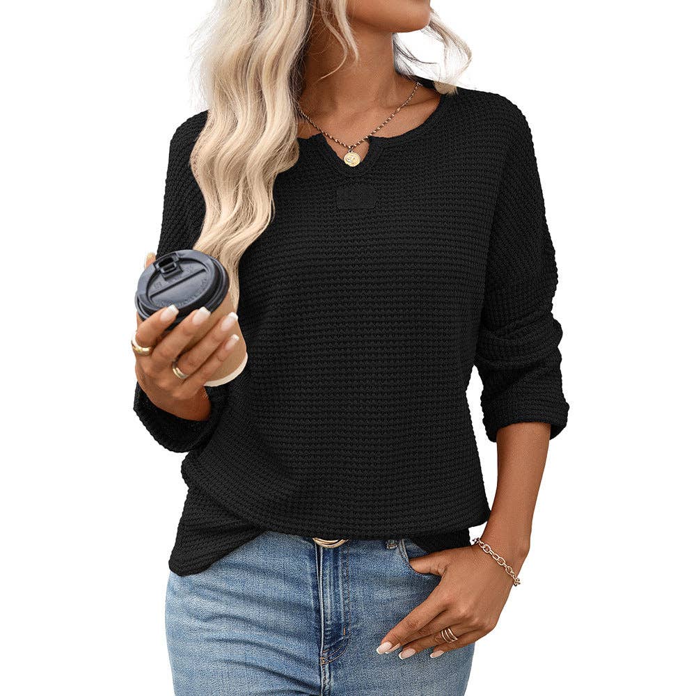 Women’s Striped Waffle Knit Long Sleeve Casual T-Shirt Top