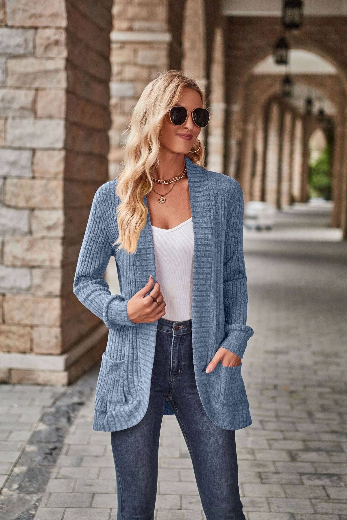 Women's Ribbed Knit Open Front Cardigan Long Sleeve Pockets