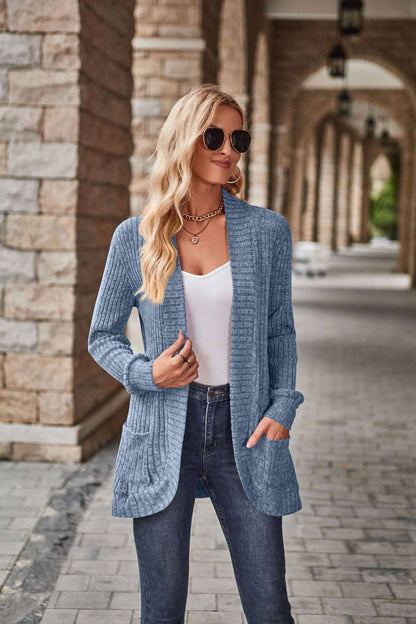 Women's Ribbed Knit Open Front Cardigan Long Sleeve Pockets