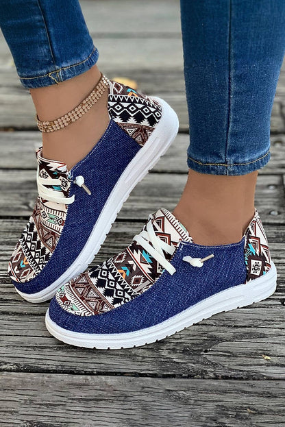 1 the Woman - Vintage Western Patchwork Lace-up Decor Flat Shoes