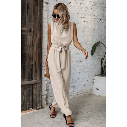 Solid Sleeveless Cut Out Back Belted Jumpsuit