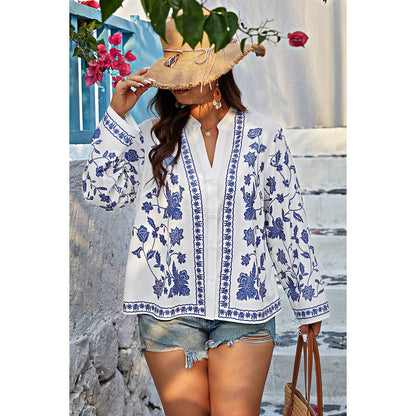 Plus Size V Neck Button Floral Print Loose Blouse