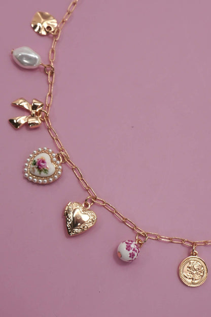 CERAMIC PORCELAIN BOW HEART CHARM LINK NECKLACE | 80N91546