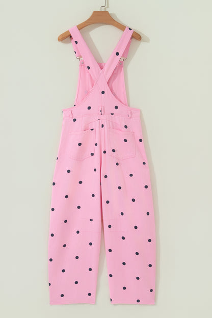 Jet Stream Polka Dot Print Bib Pocket Denim Barrel Overalls Jumpsuit