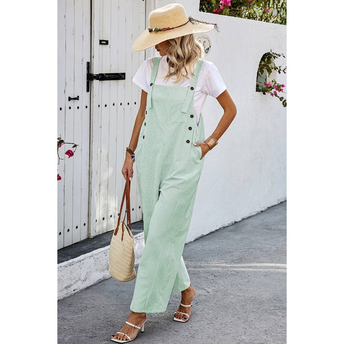 Solid Square Neck Button Trim Pockets Jumpsuit