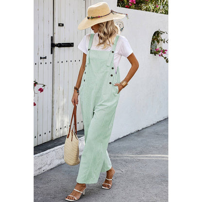 Solid Square Neck Button Trim Pockets Jumpsuit
