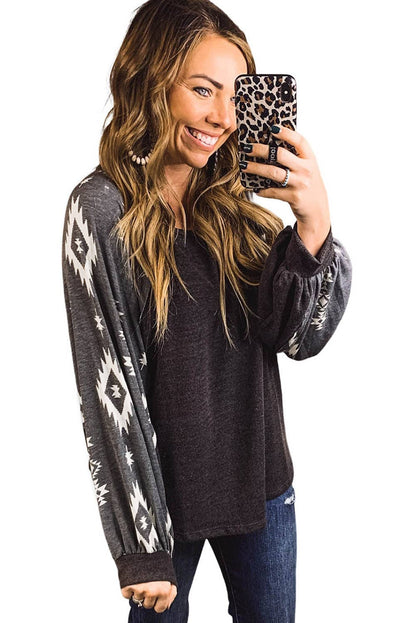 Western Print Patch Long Sleeve Top