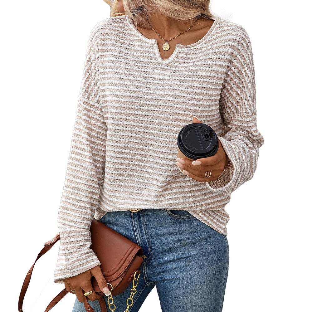 Women’s Striped Waffle Knit Long Sleeve Casual T-Shirt Top