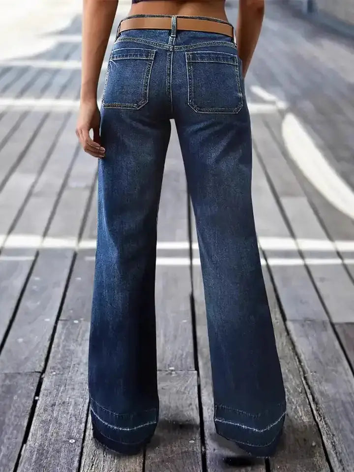 Wash Denim Wide Leg Jeans High Waist Patch Pocke