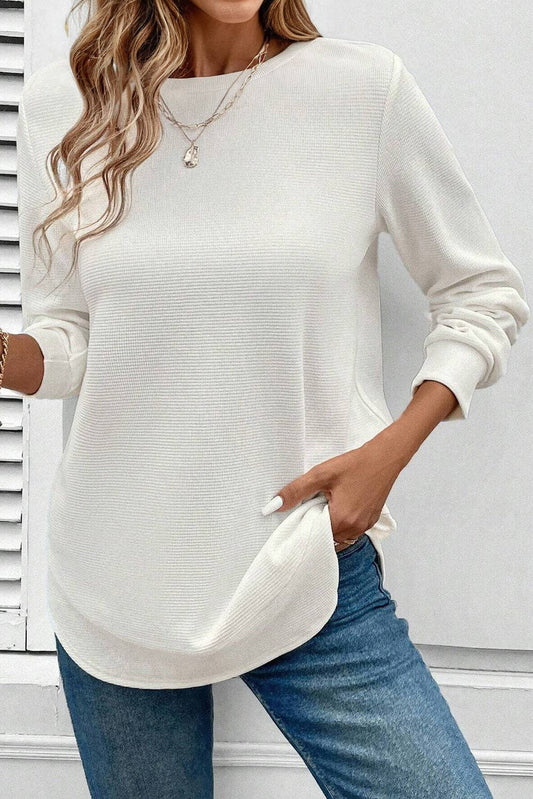 White Rounded Hem Waffle Long Sleeve Top