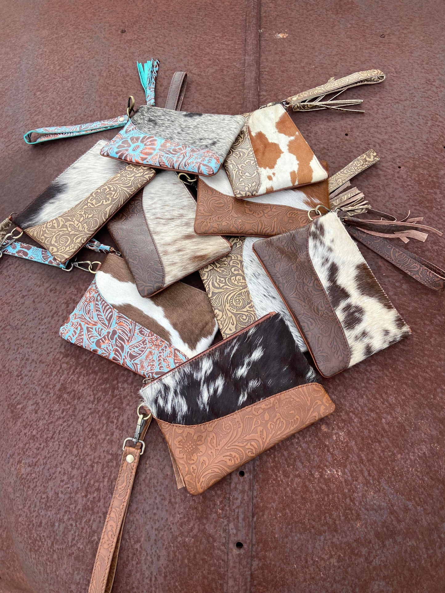 Embossed Leather Cowhide Wristlet  4 colors