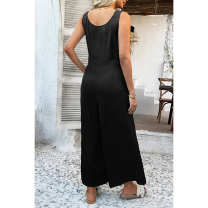 Button Front Knotted Strap Wide Leg Jumpsuit
