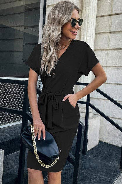 Solid Button Detail Cuffed Pocket Short Dress