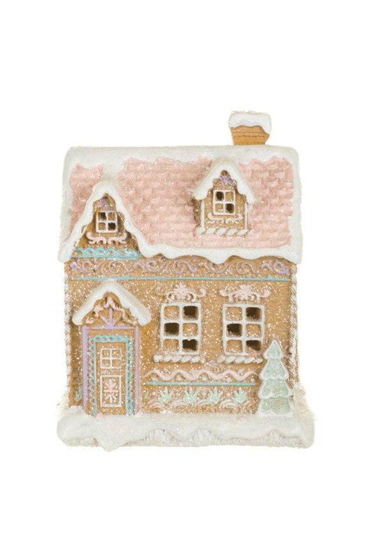 White/Pink Led Gingerbread House W/ Snowcapped Chimney