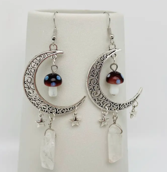 Hollow Moon Mushroom White Crystal Pendant Earrings
